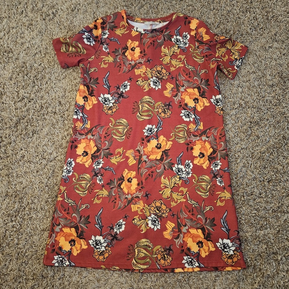 Zara Trafaluc T-Shirt Dress Womens‎ Size M Red Yellow Gold Floral Short Sleeve